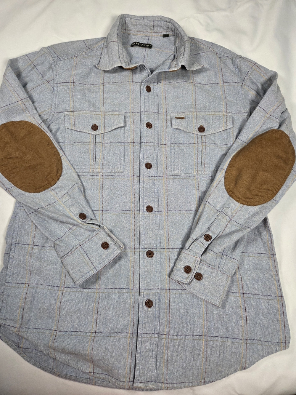 Orvis Light Gray Plaid Button-Front Shirt with Brown Elbow Patches